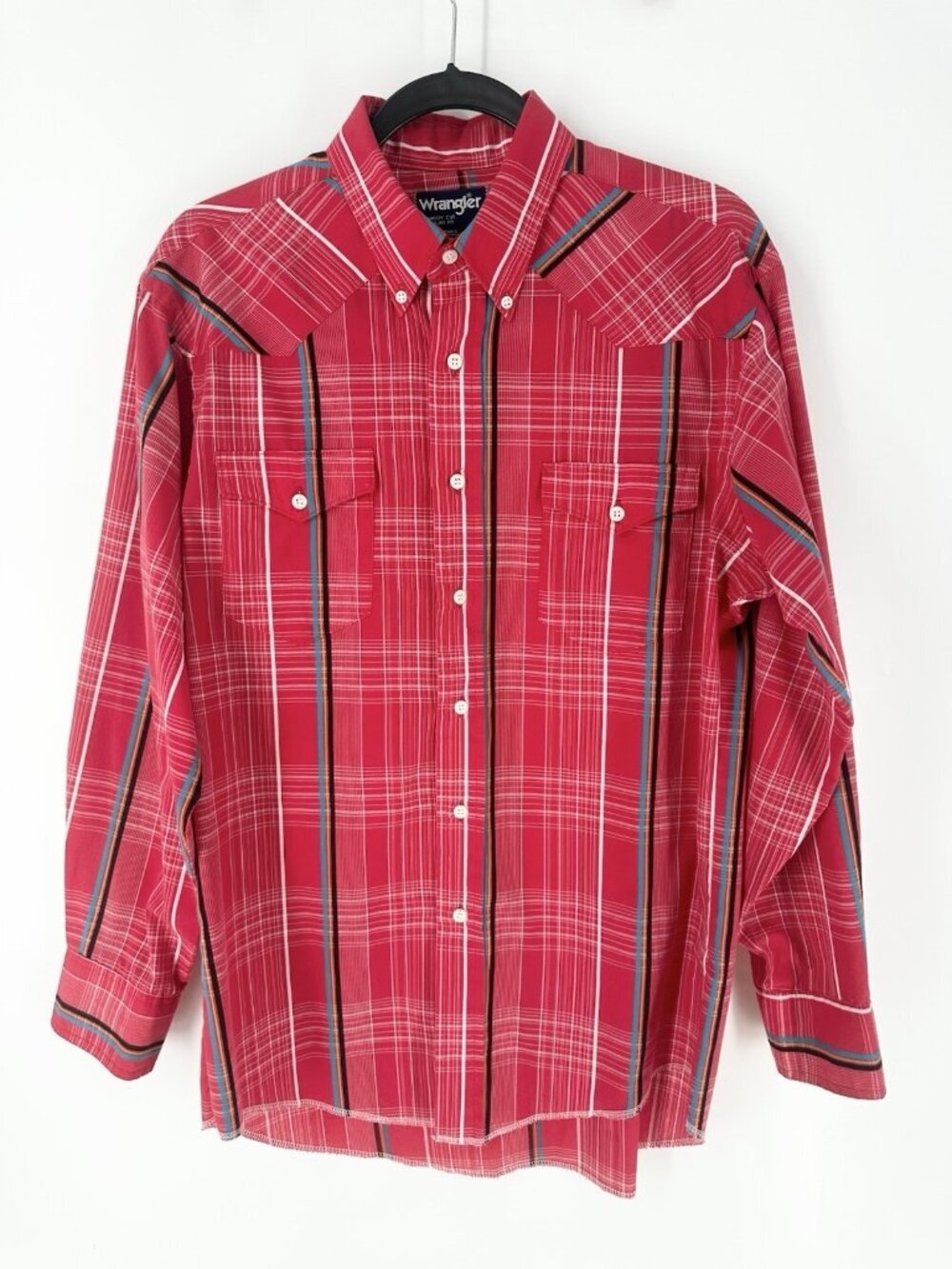 Vintage Wrangler Hot Pink Stiped Button Up Long Sleeve Men’s L? Read